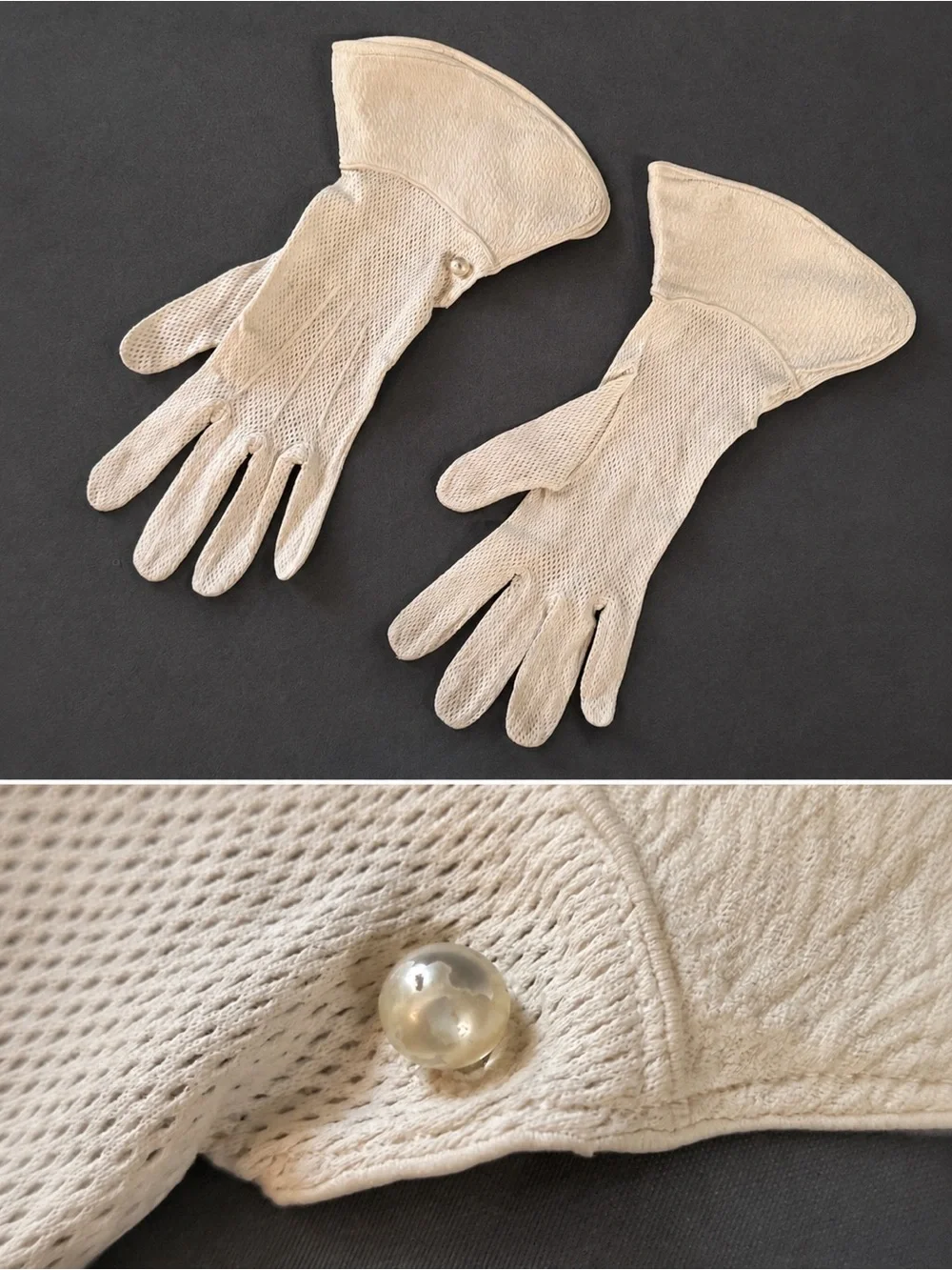 Vintage 60s Classic Cream/white Mesh Wrist Gloves with Pearl Button- OS